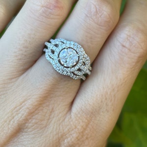 Cluster Diamond Simulant Deco Bridal Ring Set Alternative Diamond Halo Engagement Rings-Vintage Colorless Gemstone Ring with 2 Wedding Band image 8