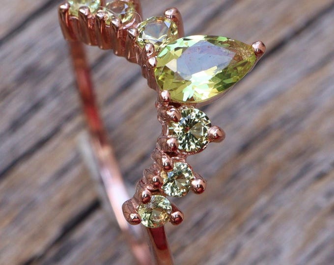 Green Peridot Curve Real Solid 10k 14k 18k Gold Wedding Band- Yellow Rose White Gold Band- Lime V Half Circle Band- August Birthstone Band