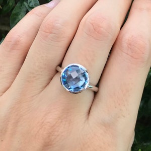 Swiss Blue Topaz Ring- Blue Round Quartz Ring- Blue Gemstone Ring- December Birthstone Ring- Medium Blue Bezel Sterling Silver Ring