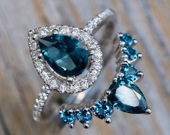 Teardrop London Blue Topaz Sterling Silver Ring Set- Pear Dark Deep Blue Gemstone Engagement 2 Ring-Blue Halo Rose Gold Rings