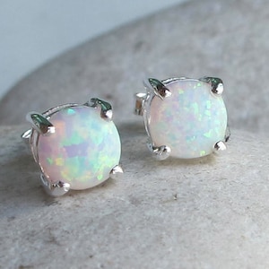 White Opal Stud- Round Rainbow Earring- Opal Boho Silver Earring- October Birthstone Earring-Classic Prong Opal Earring- Small Opal Earring