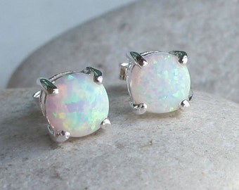 White Opal Stud- Round Rainbow Earring- Opal Boho Silver Earring- October Birthstone Earring-Classic Prong Opal Earring- Small Opal Earring