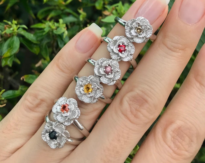 Floral Birthstone Personalized Stackable Ring- Customizable Floral Gemstone Silver Ring- Birthstone Jewelry Gifts for Mom Grandma Family