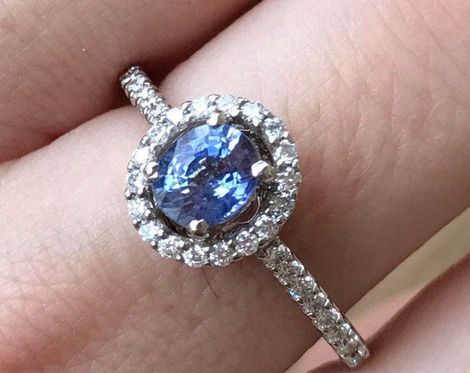 0.70ct Blue Sapphire Halo Diamond Engagement Ring- Genuine Oval Sapphire Promise Ring for Her- Sapphire White Gold Anniversary Ring