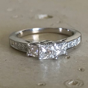 Princess Diamond Engagement White Gold Ring- Three Diamond Anniversary Ring- 14k Cluster Diamond Promise Ring- Art Deco Square Diamond Ring