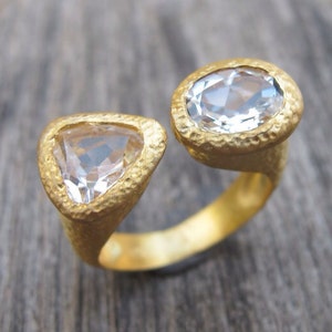 White Topaz Dual Rustic Hammered Ring- Two Clear Stone Statement Ring- Textured Solitaire Double Ring- Genuine Natural White Topaz Ring