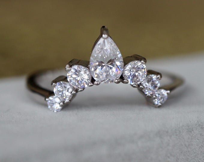 Cubic Zirconia Colorless Clear Wedding Silver Band- Alternative Diamond Engagement Rose Band- Half Circle Chevron V Band