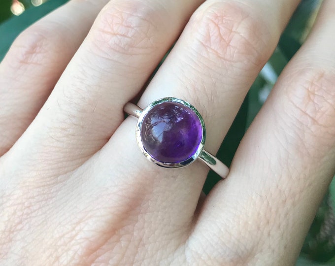 Raw Purple Amethyst Round Ring- Natural Genuine Dark Purple Amethyst Sterling Silver Ring- Bezel Smooth February Birthstone Ring