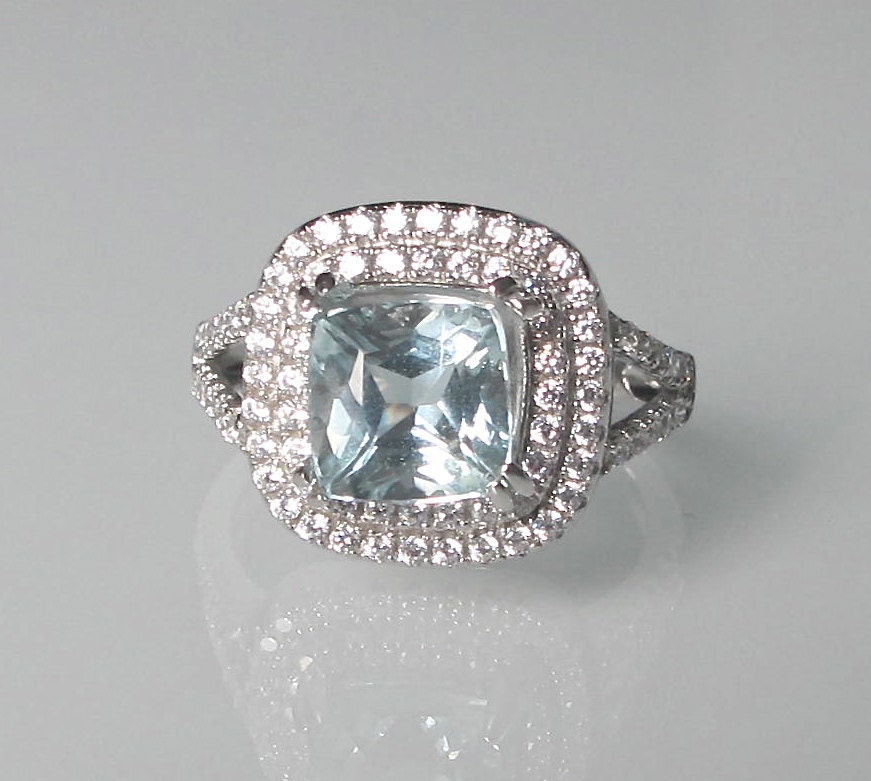 1.60 ct Square Aquamarine Halo Engagement Ring- Cushion Genuine ...