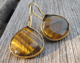 Tiger Eye Earring TearDrop Dangle Earring Brown Golden Gemstone Earring- Bohemian Gold Drop Boho Handmade Genuine Tiger Eye Earring