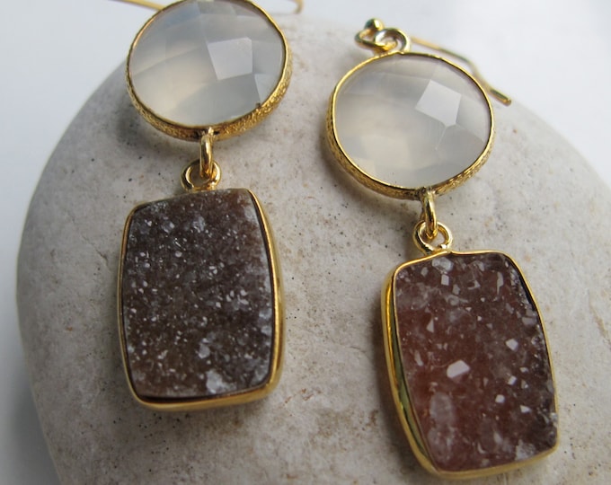 Round Gray Chalcedony Rectangle Brown Druzy Gemstone Earring- Long Mix Two Stone Dangle Gold Earring- Gifts for Girlfriend Mom Her