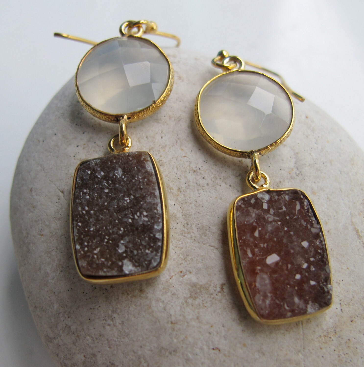 Moonstone Rectangle Brown Druzy Gemstone Earring- Long Mix Two Stone ...