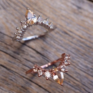 Peach Morganite Curve Wedding Silver Band- Champagne Contour Rose Band- Beige Layer Stack Chevron Band- Half Circle Gold Plated Band