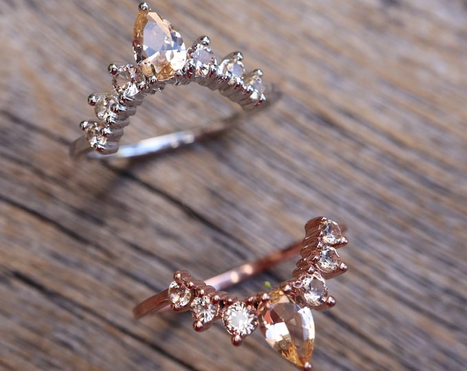 Peach Morganite Curve Wedding Silver Band- Champagne Contour Rose Band- Beige Layer Stack Chevron Band- Half Circle Gold Plated Band