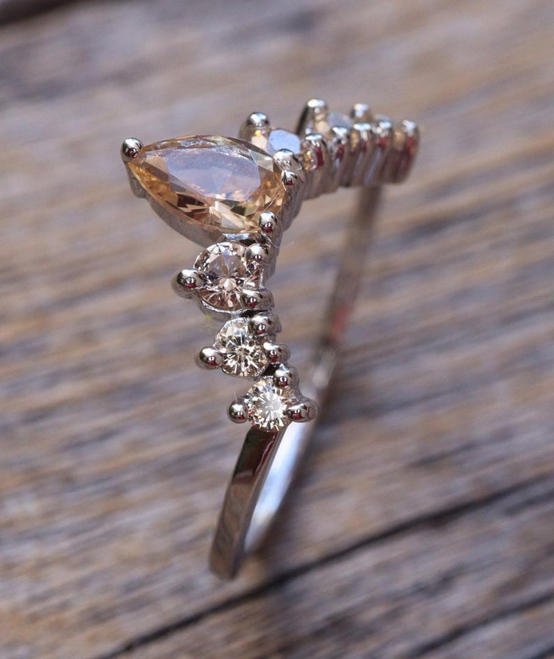 Peach Morganite Cluster Pear Round Curve Wedding Band in Solid 10k 14k 18k Gold image 3