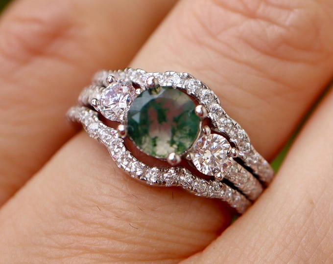 Genuine Moss Agate Engagement 14k 18k Rose Gold Rings- Round Natural Green Moss Agate Deco 3 Ring Set- Three Stone Anniversary Promise Ring