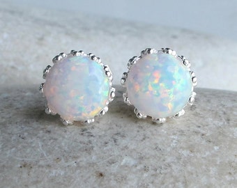 Classic White Opal Stud- Round Rainbow Opal Earring- October Birthstone Earring- Bohemian Festive Earring