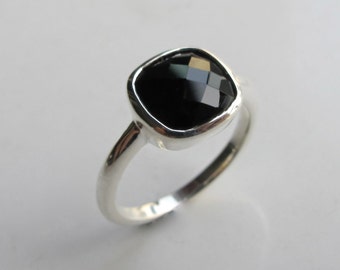 Black Onyx Square Ring- Black Cushion Stack Silver Ring- Faceted Square Bezel Ring- Simple Sterling Silver Ring