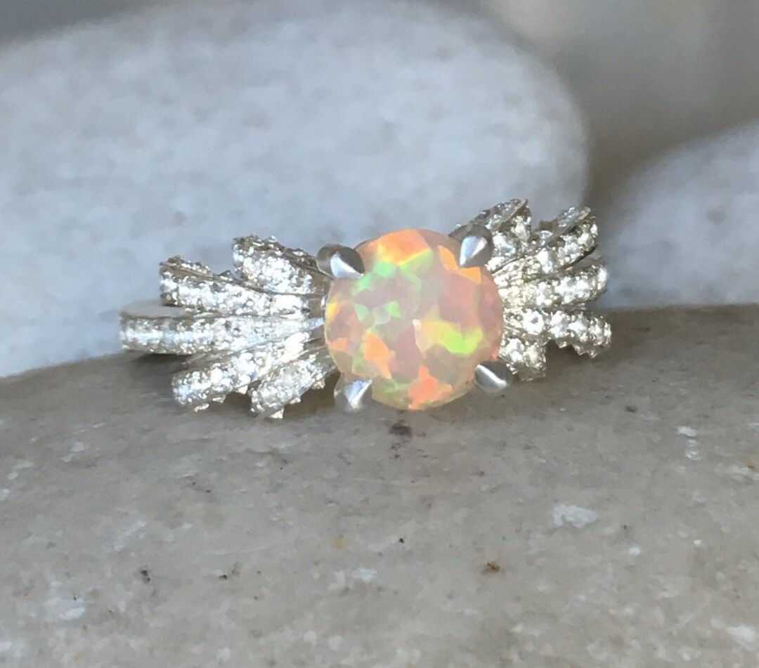 Genuine Opal Unique Engagement Ring- Round Welo Opal Promise Ring