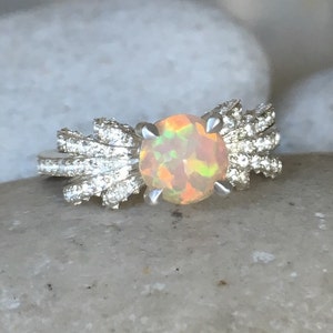 Genuine Opal Unique Engagement Ring- Round Welo Opal Promise Ring- Fire Opal Deco Anniversary Ring- October Birthstone Solitaire Ring