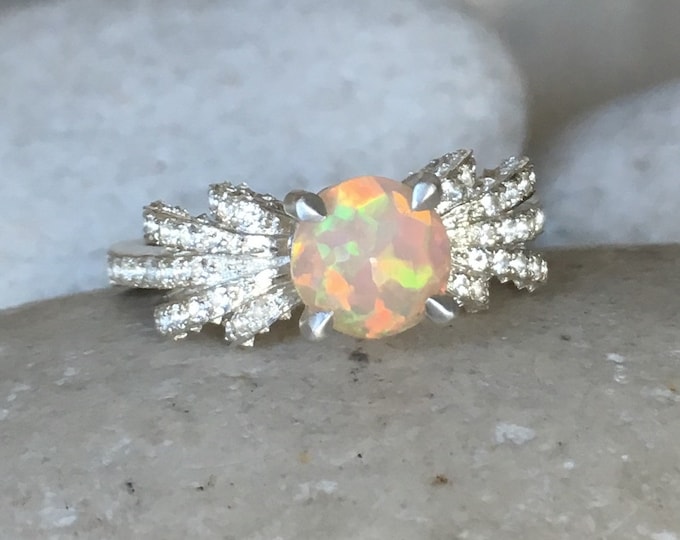 Genuine Opal Unique Engagement Ring- Round Welo Opal Promise Ring- Fire Opal Deco Anniversary Ring- October Birthstone Solitaire Ring