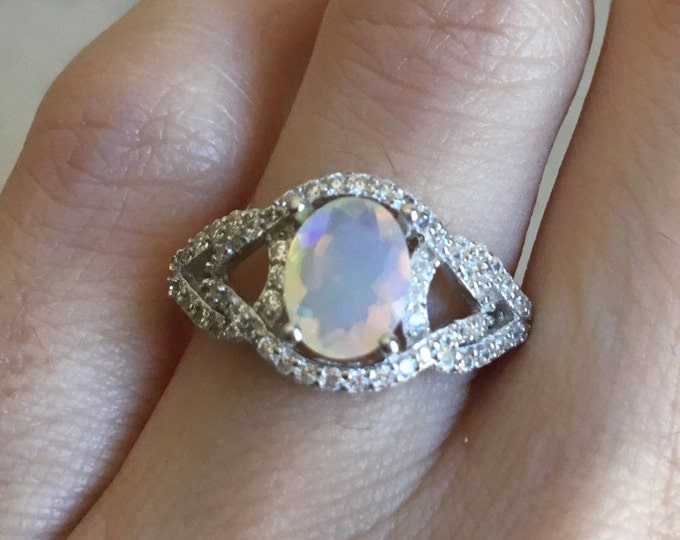 Opal Art Deco Halo Engagement Ring- Fire Opal Oval Promise Ring for Her- Welo Opal Solitaire Vintage Swirl Ring- October Birthstone Ring