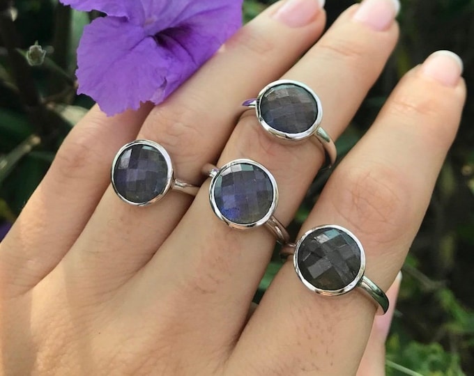 Round Genuine Labradorite Sterling Silver Ring- Stackable Iridescent Faceted Labradorite Ring- Gemstone Bezel Ring