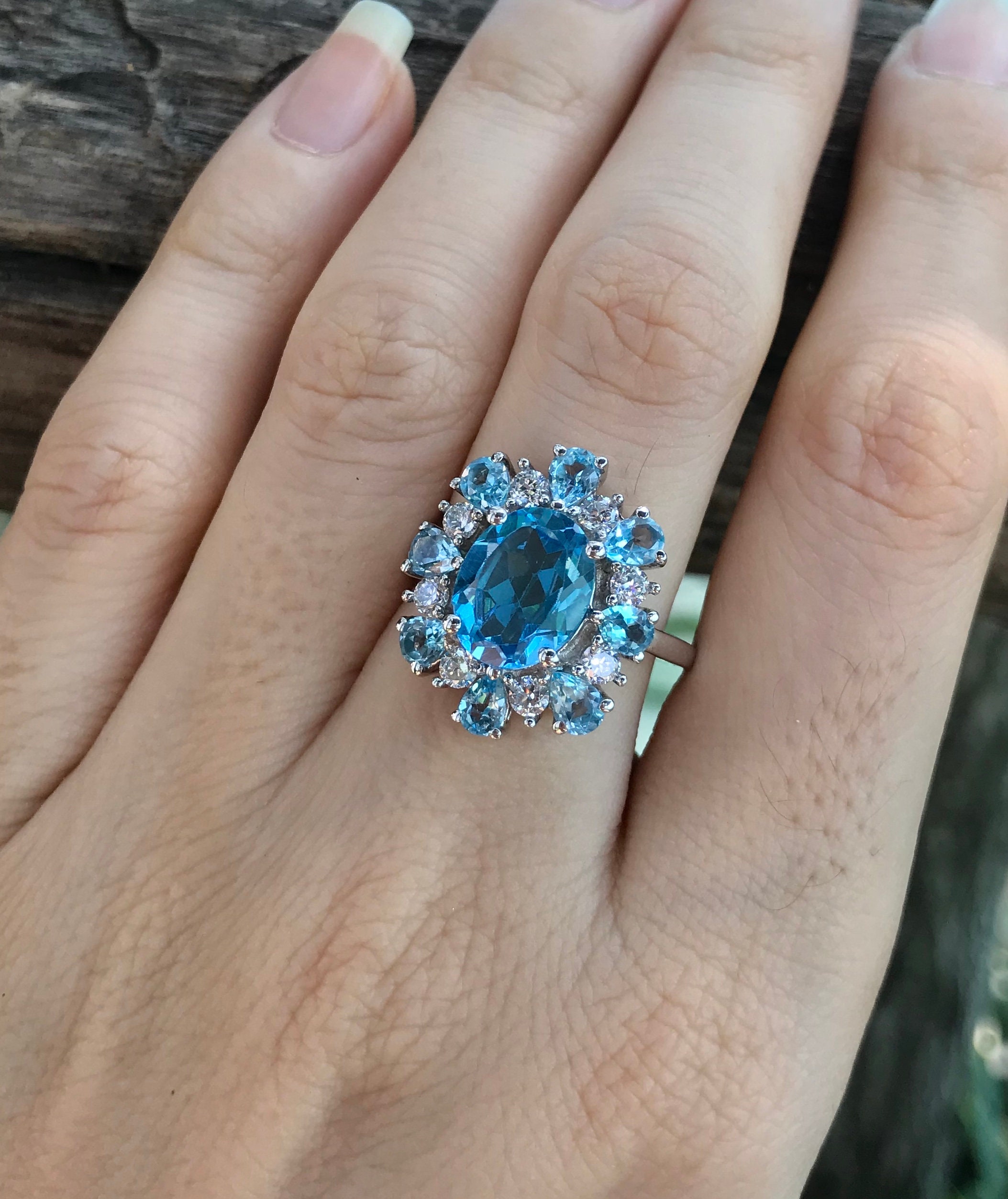 Swiss Blue Topaz Cluster Solitaire Halo Ring-Large Oval Blue Topaz ...