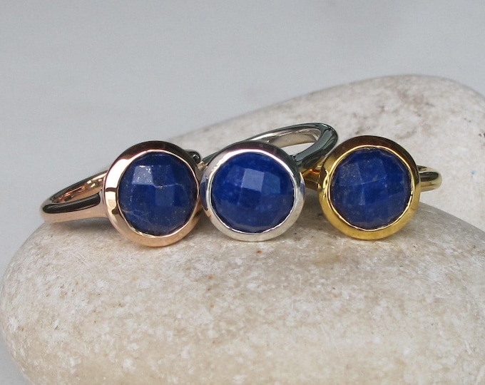 Lapis Lazuli Gold Ring Round Faceted Genuine Natural Minimalist Gold Ring Custom Sizing December Birthstone Simple Blue Gemstone Ring