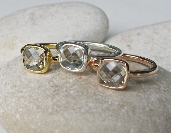Rose Gold Green Amethyst Ring- Stackable Square Green Gemstone Ring- February Birthstone Ring- Simple Cushion Cut Ring
