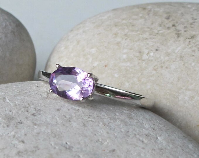 Purple Amethyst Silver Oval Dainty Stack Ring- Small Amethyst 4 Prong Ring- Ring for Teen Children- February Birthstone Ring