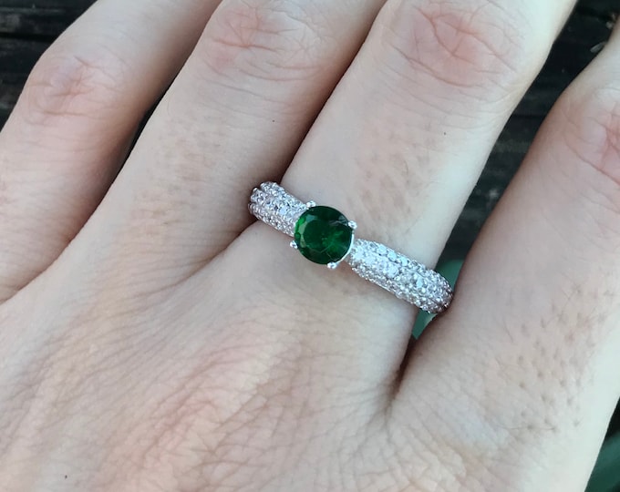 0.50ct Emerald Round Engagement Dainty Ring- Lab Emerald Promise Ring for Her- Vintage Green Emerald Anniversary Ring- May Birthstone Ring