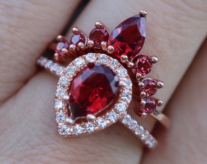 Teardrop Halo Garnet Engagement Gold Ring Set- Pear Garnet Anniversary Ring- Deep Dark Red Solid Real 14k 18k Gold- Romantic Gift for Her