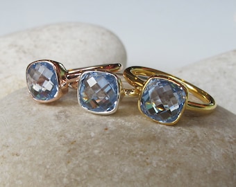 Square Blue Topaz Rose Ring- Stackable Something Blue Gold Ring- Classic Blue Quartz Silver Ring- Cushion Cut Blue Ring- December Ring