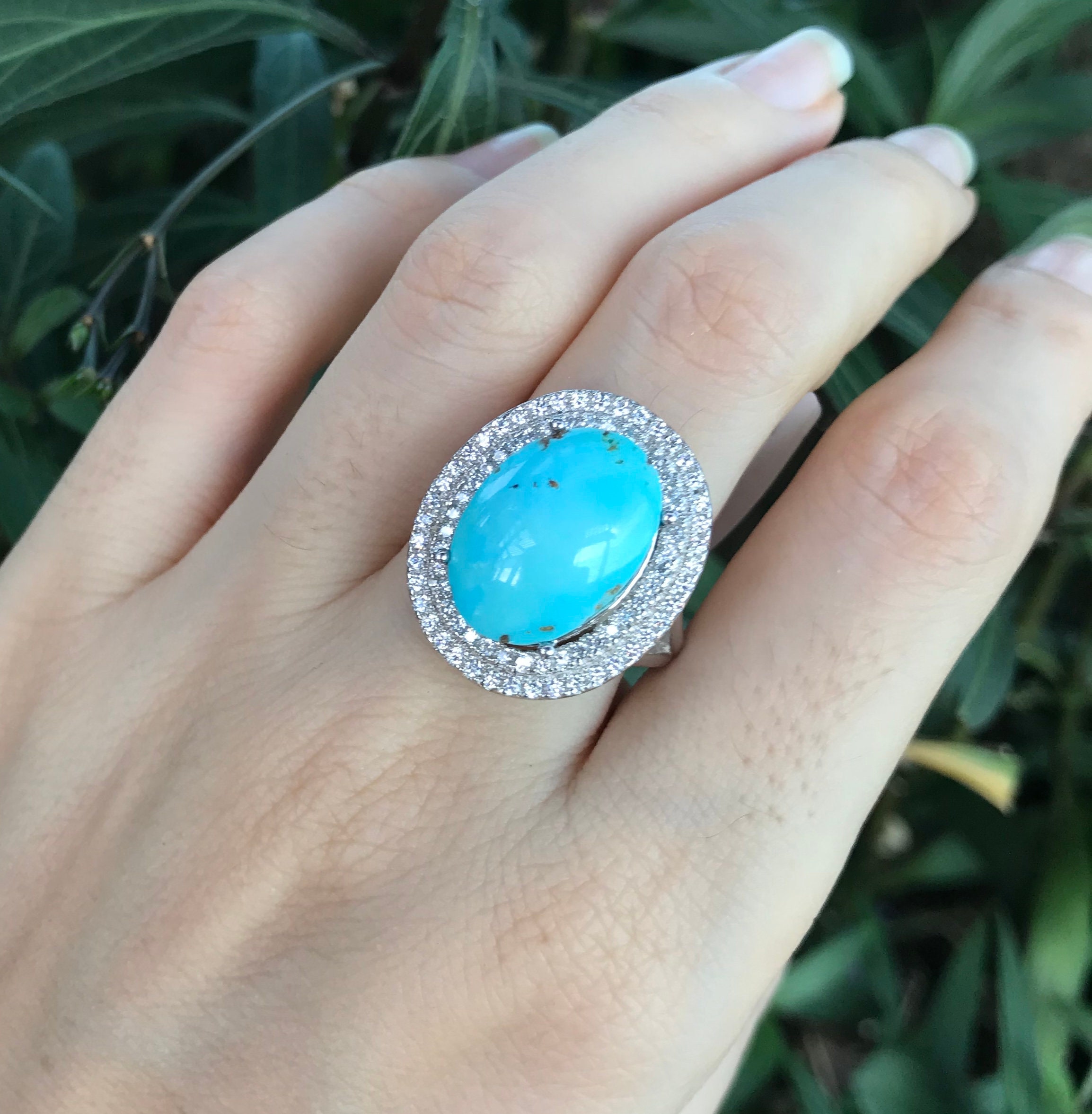 Turquoise Large Oval Halo Engagement Ring Genuine Turquoise Promise