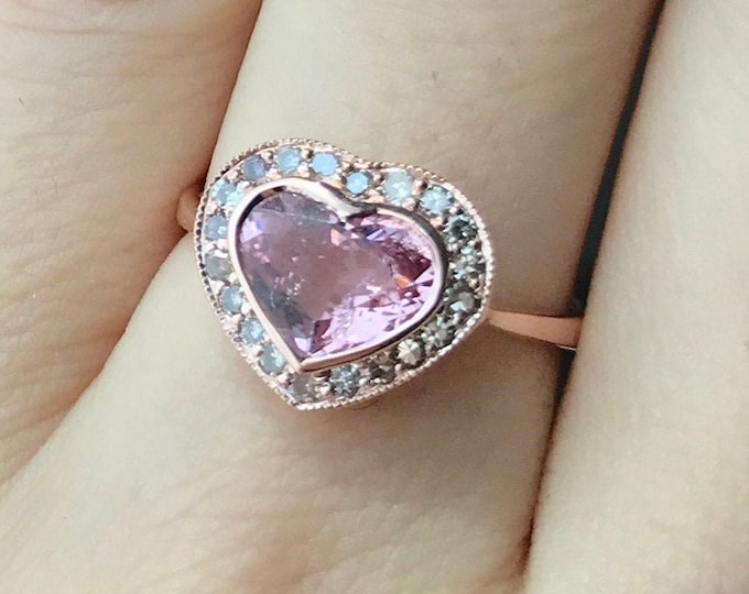 1.65ct Heart Pink Tourmaline Rose Gold Ring- Genuine Tourmaline Halo Engagement Ring- Heart Shaped Promise Ring- Pink Stone Valentine Ring