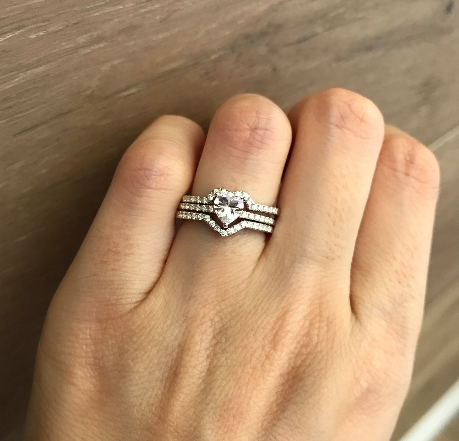 Rose Gold Heart Bridal Ring Set Heart Promise 3 Ring SetHeart