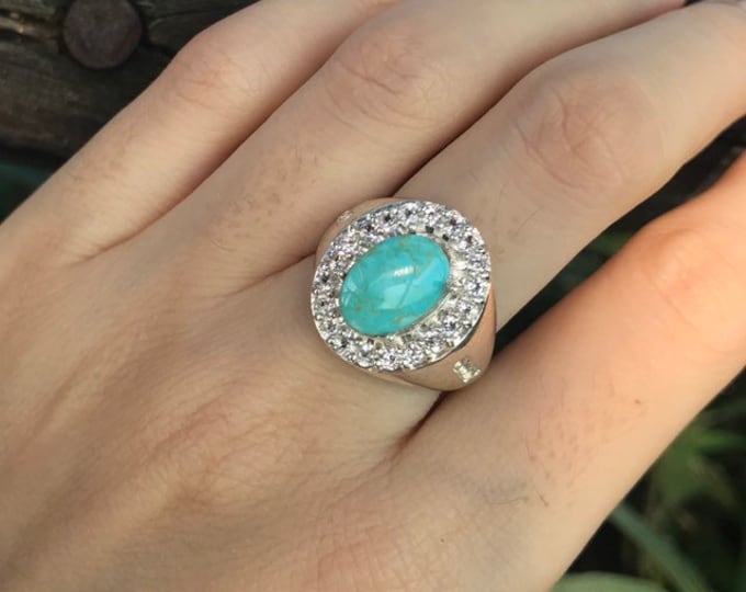 2.30ct Turquoise Statement Genuine Oval Ring- Unisex Sterling Silver Ring-Mens Solitaire Ring- December Birthstone Ring- Turquoise Halo Ring