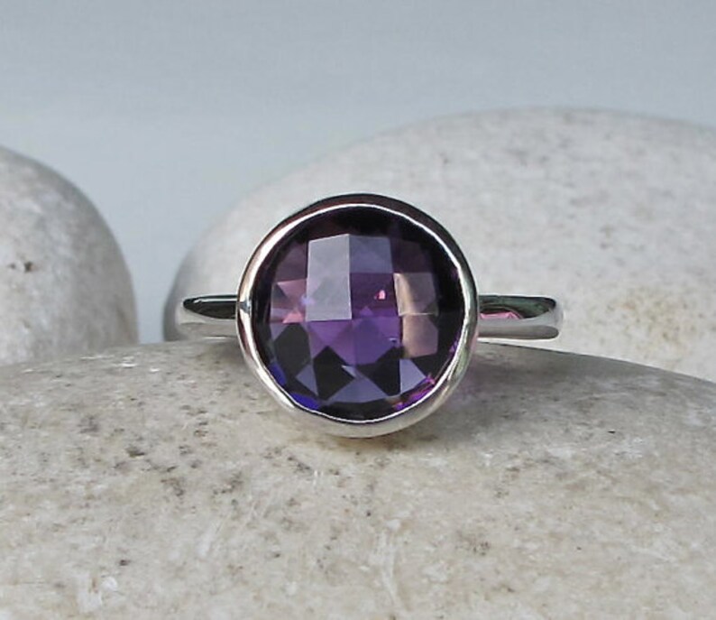 Simple Purple Amethyst Ring Round Amethyst Ring Purple Stone Ring Faceted Stone Ring Sterling Silver Ring February Birthstone Ring image 2