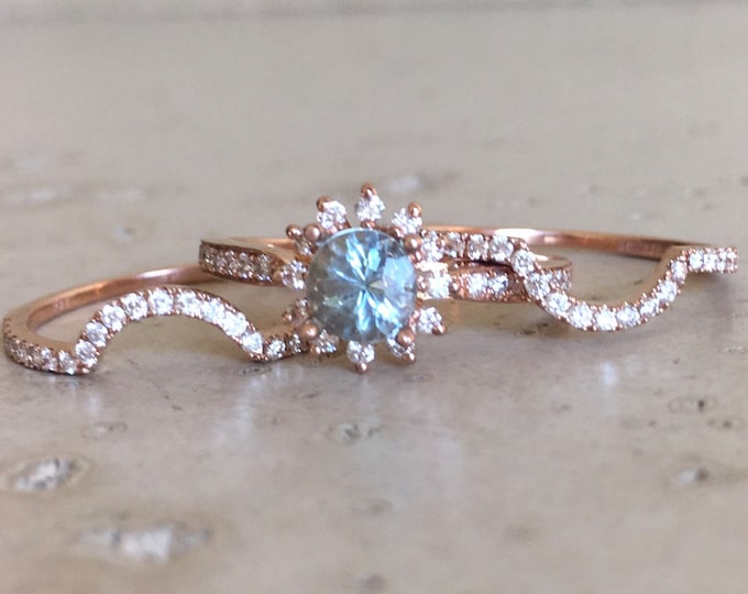 Aquamarine Diamond Halo Engagement Ring Set- Rose Gold 0.50ct Aquamarine Round Bridal Ring Set- Floral 3 Piece Wedding Promise Ring Set