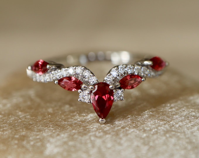 Marquise Red Garnet and Moissanite Sterling Silver Deco Wedding Band