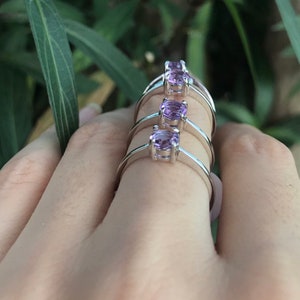 Genuine Amethyst Round Dainty Stackable Ring Purple Amethyst 4 Prong Silver Ring Purple Gemstone Ring February Birthstone Ring image 3