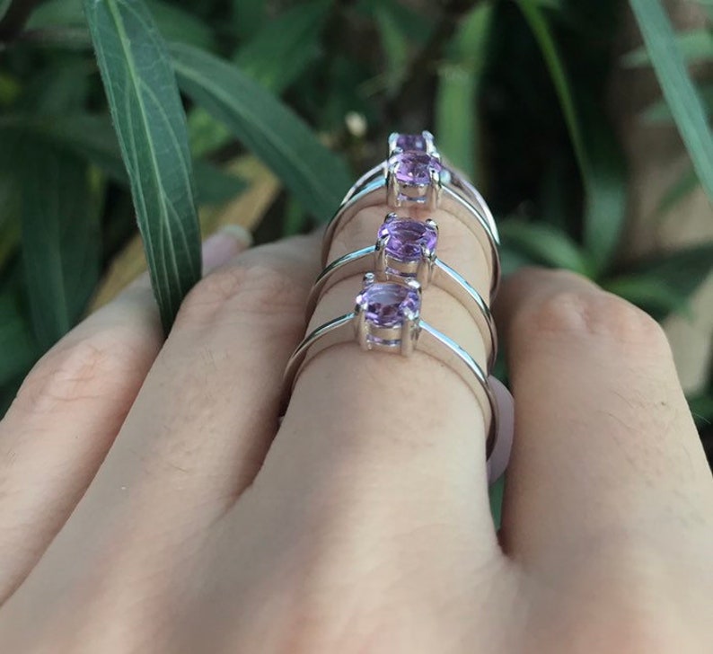 Genuine Amethyst Round Dainty Stackable Ring Purple Amethyst 4 Prong Silver Ring Purple Gemstone Ring February Birthstone Ring image 3