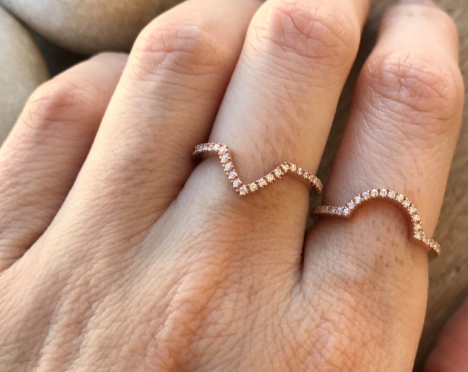 Rose Gold Chevron Wedding Band- Rose Gold Contour Band- Half-Circle Half Eternity Band- Stackable Alternative Band- Womens Wedding Band