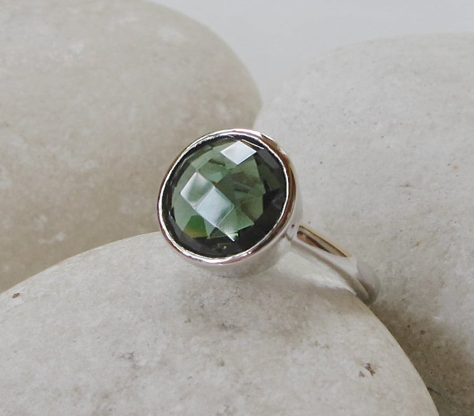 Green Malachite Double Moon Crystal Ring in Solid Sterling Silver- Des