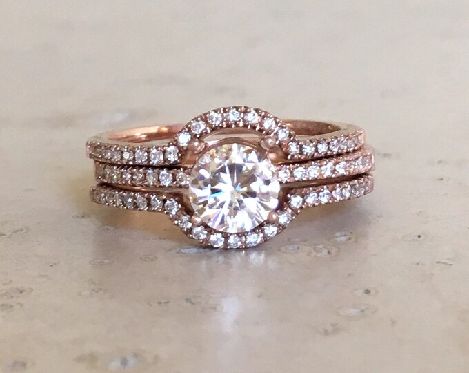 Round White Sapphire 3 Ring Set- Sapphire Diamond Halo Engagement 14k Rose Gold Rings- Brilliant Clear Colorless Alternative Rings