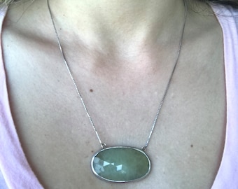 Green Sapphire Raw Oval Large Necklace Green Gemstone Statement Natural Necklace Silver Bar Necklace September Birthstone Necklace