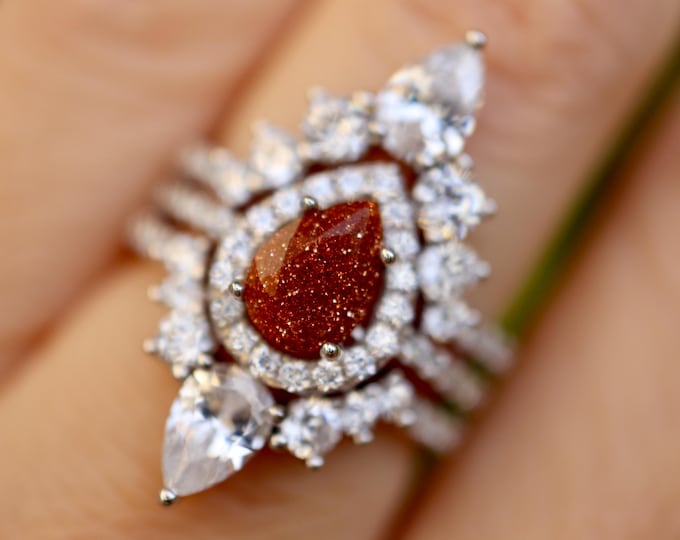 Pear Gold Orange Sandstone Galaxy Halo Engagement Sterling Silver 3 Ring Set