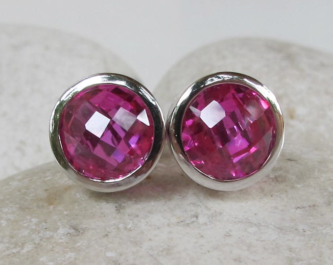 Fuschia Pink Round Stud Earring- Pink Topaz Silver Earring- Dark Pink Quartz Earring-Vivid Pink Silver Earring- Gifts for Bridesmaid