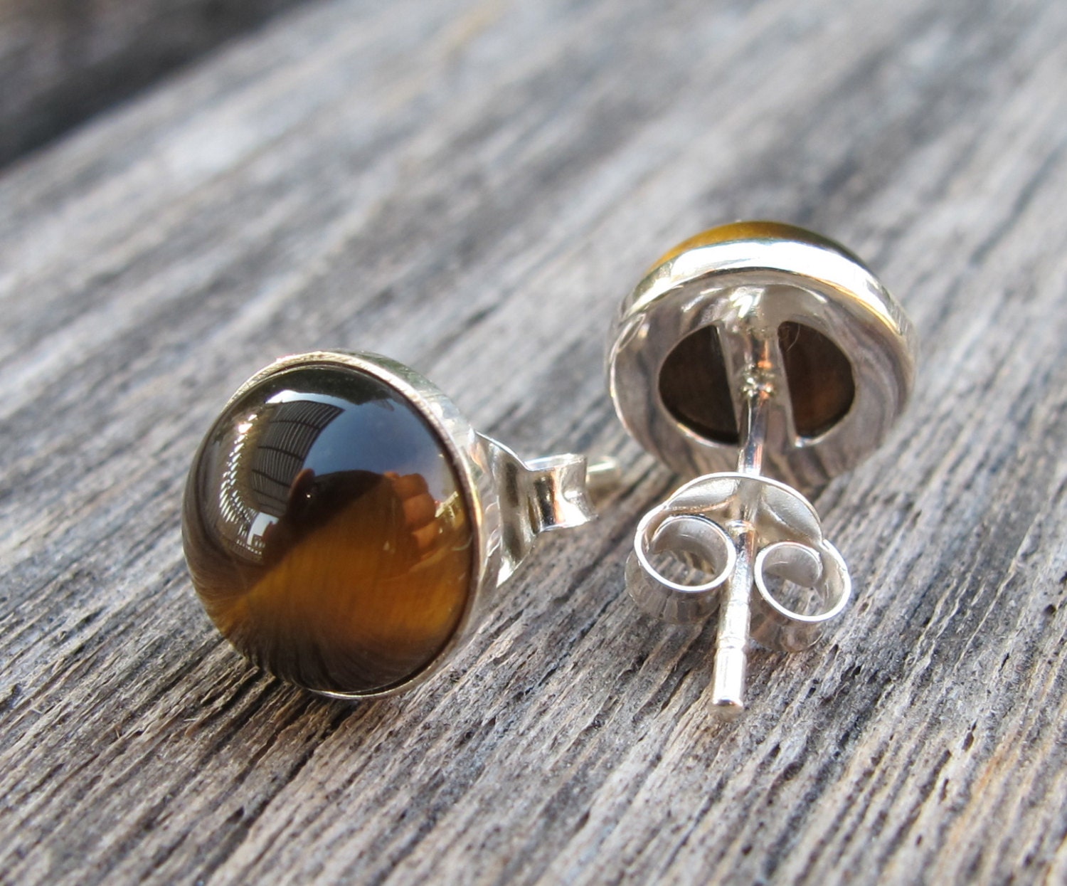 Round Tigers Eye Earring- Brown Stud Earring- Smooth Gemstone Earring ...